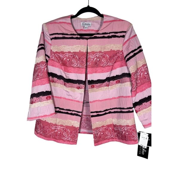 K Studio Textured Jacket 14 Pink Striped Floral Embroidery Resort Classic Preppy - Picture 1 of 15